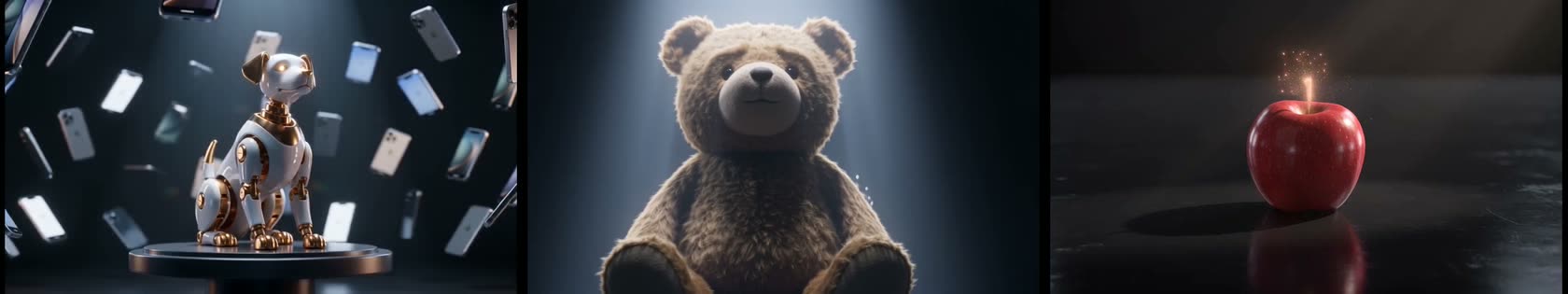 Three generated frames: a robot dog on a pedestal, a teddy bear under a spotlight, and an apple lit from above